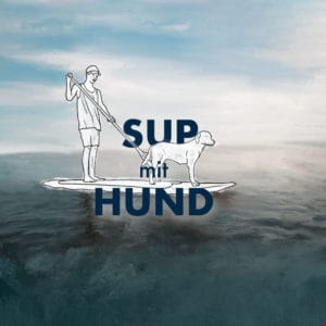 Gemälde von einem Mann auf einem SUP mit Hund